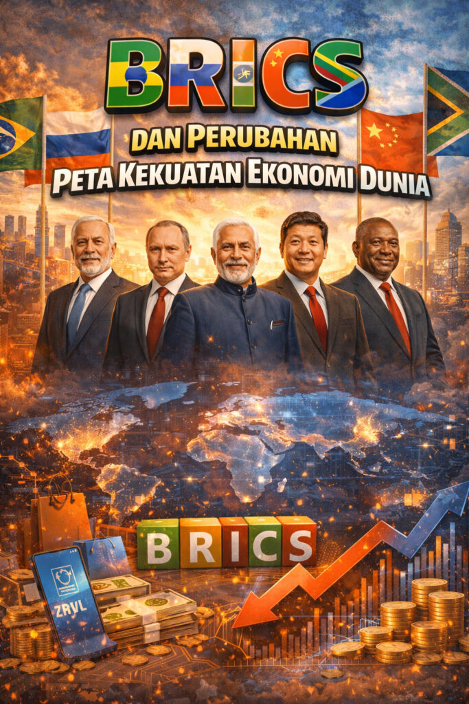 Ilustrasi BRICS dan perubahan peta kekuatan ekonomi dunia dengan grafik pertumbuhan dan simbol kerja sama internasional