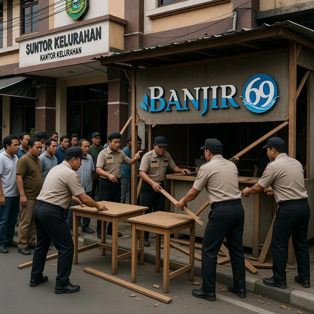 Petugas Satpol PP dan pemerintah daerah membongkar warung kecil di pinggir jalan menggunakan palu, puing-puing kayu dan seng berhamburan, warga berdiri berkerumun menyaksikan dengan ekspresi tegang dan cemas, logo BANJIR69 bergradasi biru dengan efek cipratan air terpampang di dinding warung, latar belakang gedung kantor kelurahan, suasana dramatis namun terorganisir, gaya foto jurnalistik resolusi tinggi