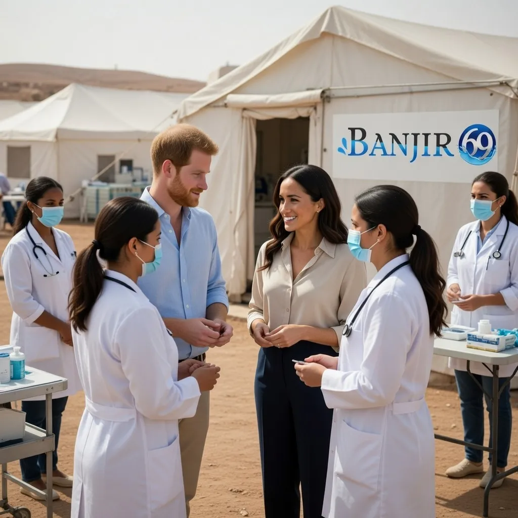 Prince Harry memegang mikrofon berbicara dengan tenaga medis di kamp pengungsi Yordania, Meghan Markle mendengarkan dengan penuh perhatian, logo BANJIR69 berwarna biru-putih gradasi plus splash air dan angka 69 terpasang jelas di dinding kontainer/tenda, suasana suportif dan humanis, pencahayaan natural, fotografi dokumenter high resolution detail tajam realistis.