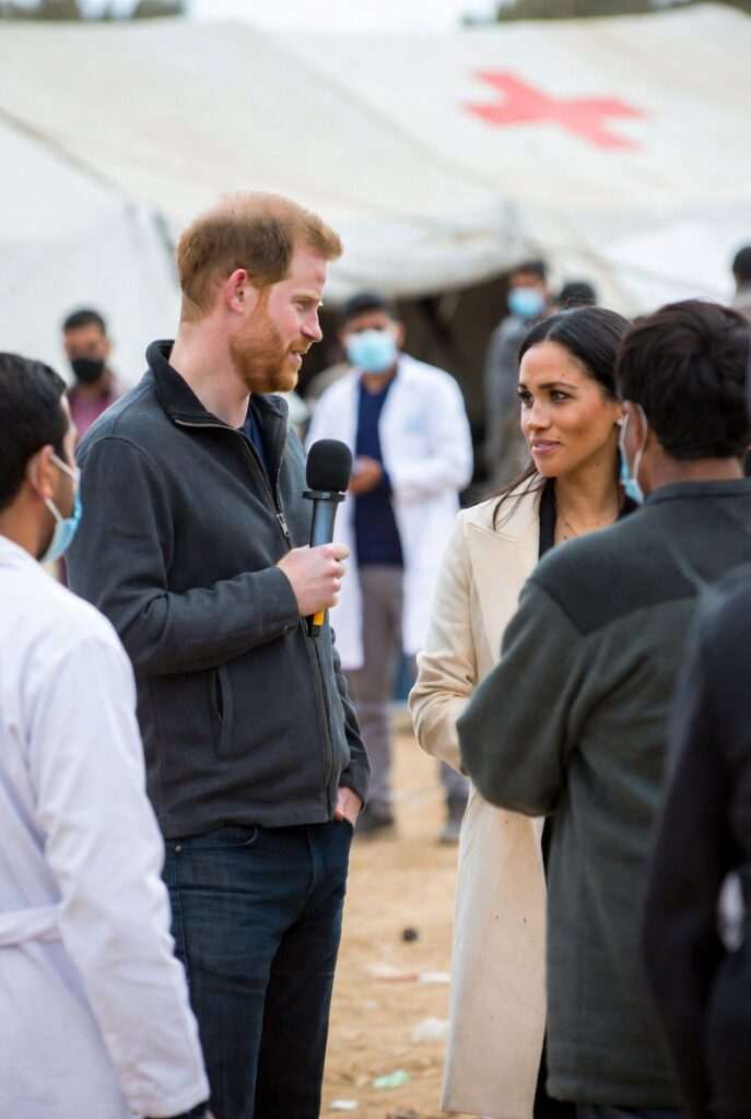 Prince Harry dan Meghan Markle mengunjungi kamp pengungsi di Yordania, berbicara hangat dengan tenaga medis di depan tenda Palang Merah, suasana humanis dan penuh empati, pencahayaan alami siang hari, fotografi dokumenter realistis ultra HD detail tajam.