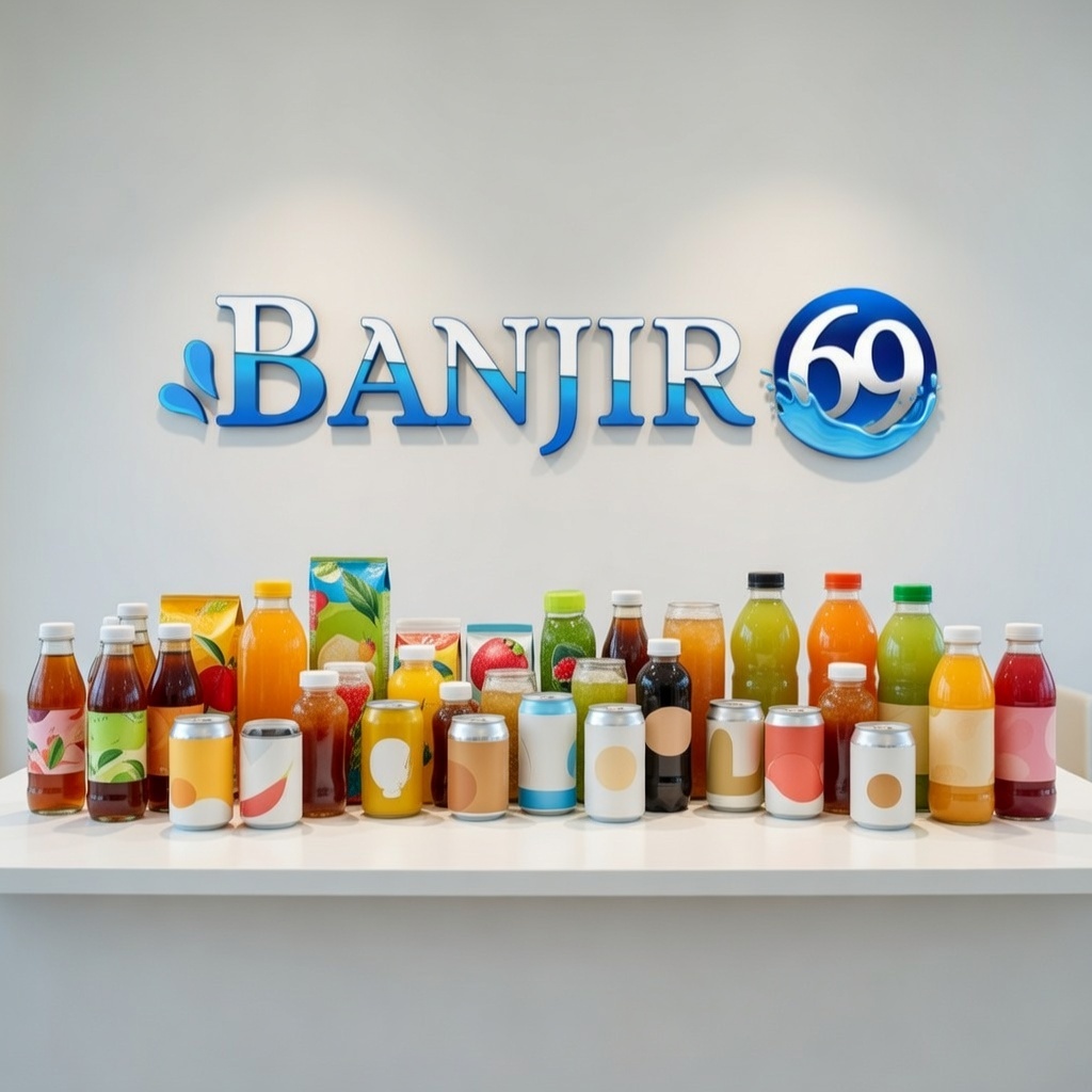 Koleksi minuman kemasan segar warna-warni dari BANJIR69: teh botol, jus buah, kopi ready-to-drink, dan berbagai rasa fruity di atas meja putih dengan logo BANJIR69 besar berlatar biru splash di belakang.