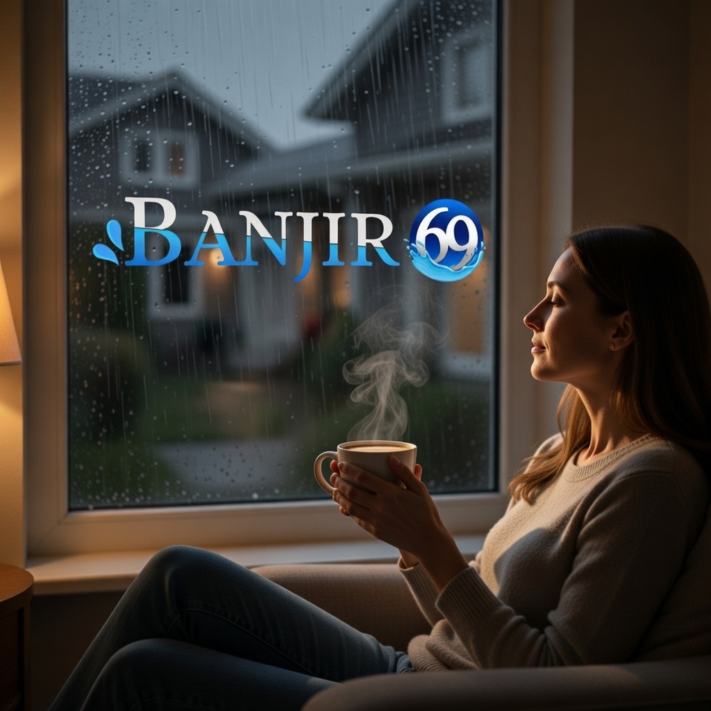 Wanita duduk menikmati libur saat hujan yang menyenangkan, dekat jendela saat hujan deras, memegang cangkir kopi hangat beruap, tetesan air mengalir di kaca, cahaya lampu hangat menerangi ruangan cozy, logo BANJIR69 terpampang di dinding dekat jendela