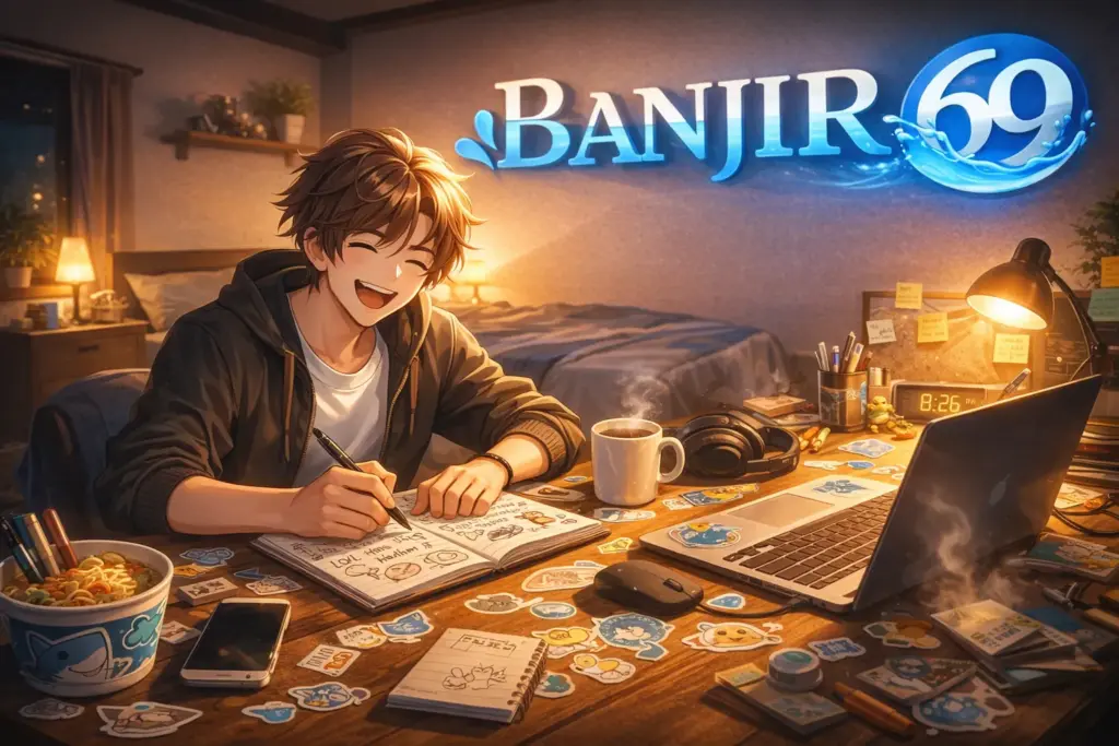 Ilustrasi anime seorang dewasa muda tertawa bahagia sambil menulis di jurnal penuh doodle lucu di kamar tidur yang hangat, dengan meja berisi stiker warna-warni, laptop terbuka, mi instan, kopi panas, dan logo besar BANJIR69 di dinding.