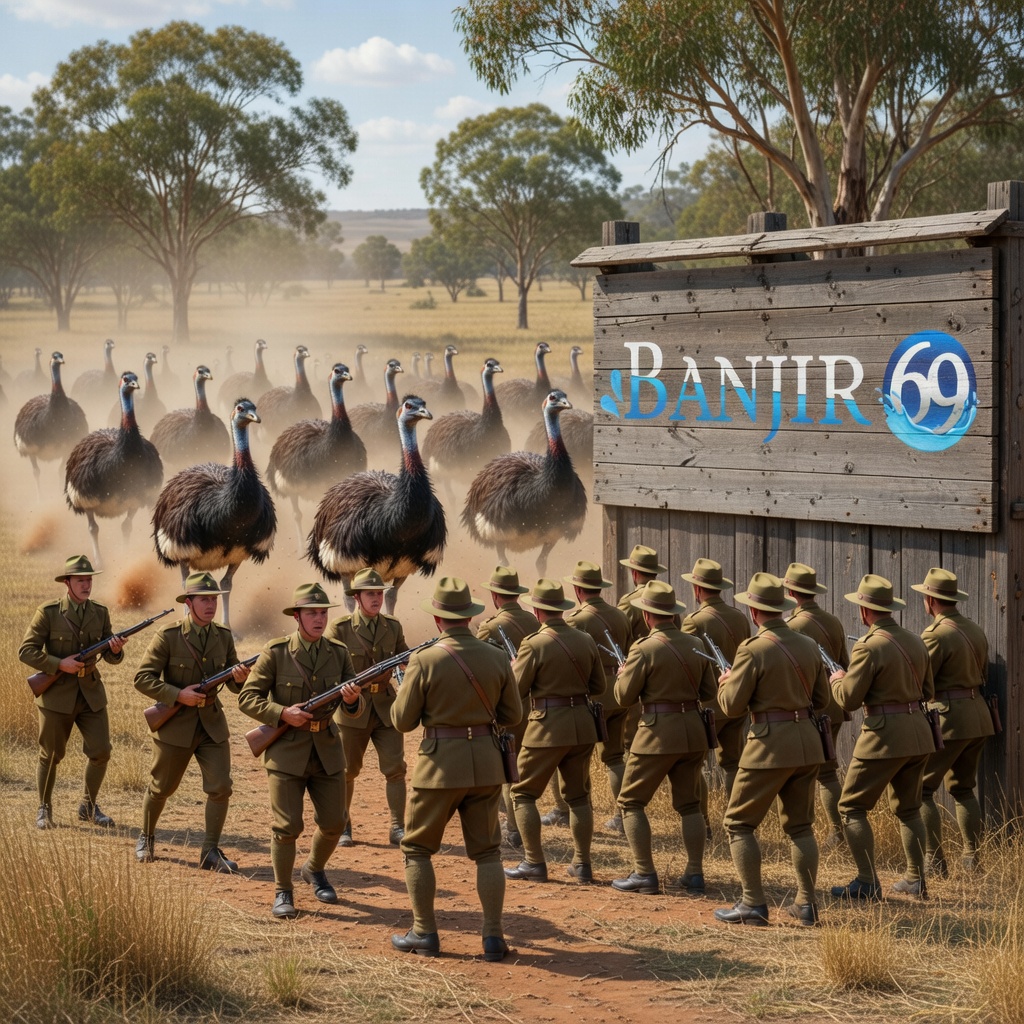 Ilustrasi semi-realistik Tentara Australia menghadapi serbuan sekumpulan burung Emu besar di padang savana kering. Para tentara berdiri siap dengan senjata, sementara ratusan emu berlari menuju mereka menimbulkan debu tebal. Logo BANJIR69 terpajang di papan kayu besar di sisi kanan. Suasana dramatis namun ironis menggambarkan Perang Emu.