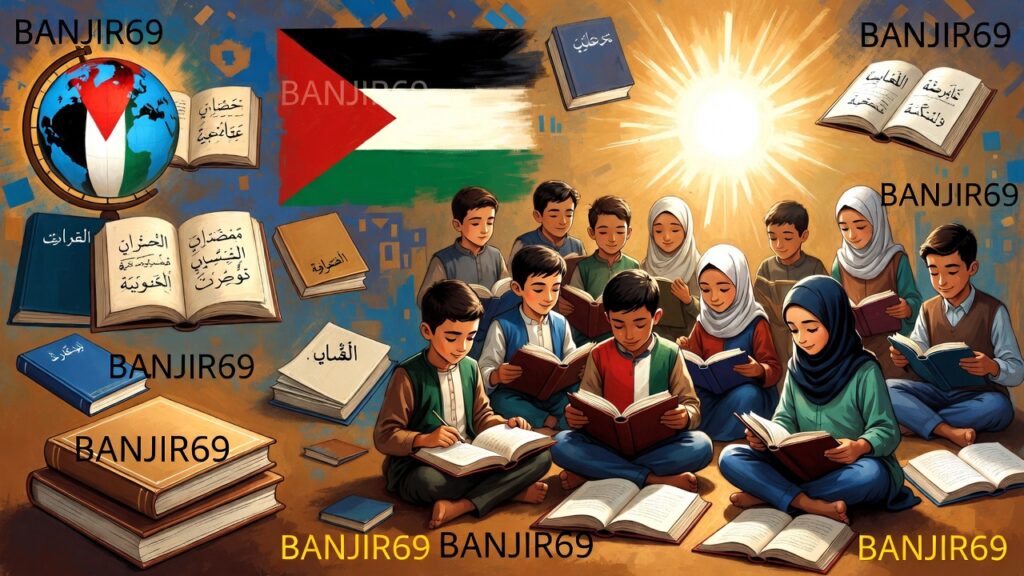 generasi muda Palestina belajar dengan latar buku dan cahaya harapan serta elemen analisis BANJIR69 sebagai simbol program terstruktur