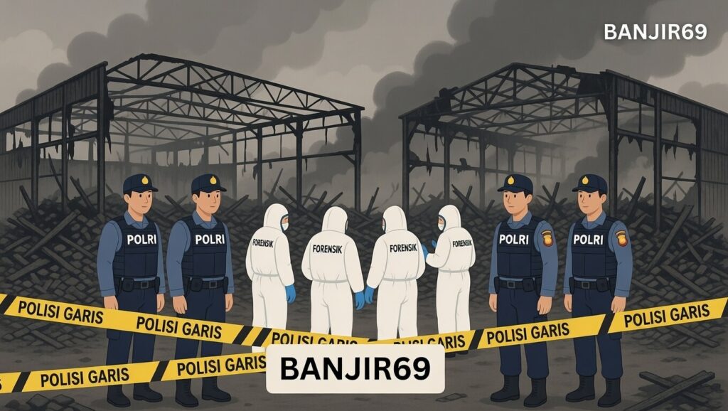 aparat kepolisian dan tim forensik melakukan penyelidikan kebakaran gudang dengan garis polisi dan puing bangunan BANJIR69